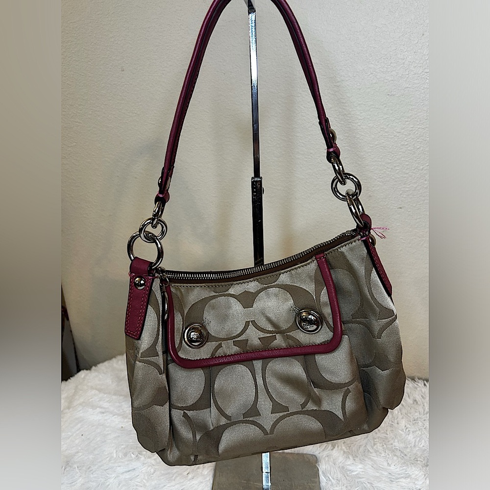 Coach Poppy Khaki Pink Sateen Hobo Shoulder HandBag Women Signature